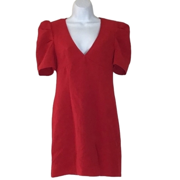 Forever 21 Red Puff Sleeve Mini Dress Short Sleeve V-Neck Party Dress Size Med - Picture 2 of 15